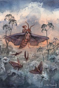 a painting of moths flying in the sky