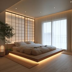 a large bed sitting in the middle of a room