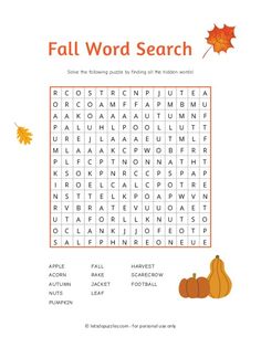 the fall word search is shown in an orange and white background with leaves on it