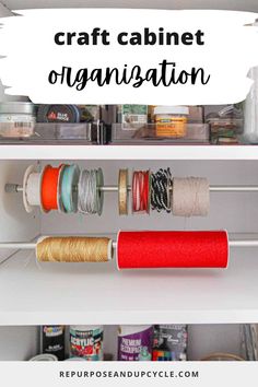 an organized craft cabinet with spools of thread