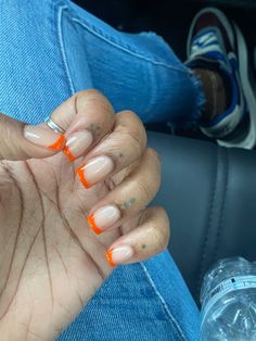 #orange #frenchtip #nails #summer Short French Tip Nails Colorful, Clear With Color Tip Nails, Orange French Acrylic Nails, Short Square Coloured French Tip Nails, Short Orange Tip Nails, Orange Nails Natural Short, Green And Orange French Tip Nails, Spring Colored French Tip Nails, Short French Tip Acrylic Nails Orange