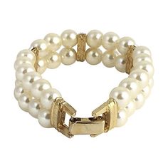 Double-strand faux-pearl bracelet interspersed with three spacer bars set with five rhinestones each. The goldtone metal is etched with a textured finish. Age wear, tarnish on clasp. Gold Beaded Pearl Bracelet For Formal Occasions, Elegant Metal Pearl Bracelet With Extender, Elegant Gold-tone Bracelets With Clasp, Classic Metal Pearl Bracelet For Formal Occasions, Classic Gold Bracelet With Extender For Formal Occasions, Elegant Double Strand Gold Beaded Bracelet, Elegant Double Strand Gold Pearl Bracelet, Elegant Gold Double Strand Beaded Bracelet, Elegant Gold Double Strand Pearl Bracelet