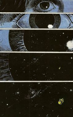 an image of the inside of a comic book with eyes and stars on it, as if they were in outer space