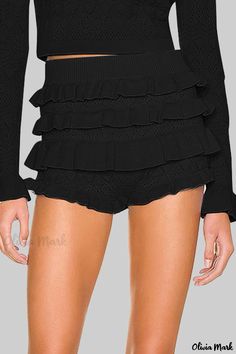 Olivia Mark - Sophisticated Shorts with Tiered Hem and Slim Fit Comfort Wear, Knit Shorts, Olivia Mark, Ruffle Trim, Workout Shorts, White And Black, Sleek, Slim Fit, Solid Color