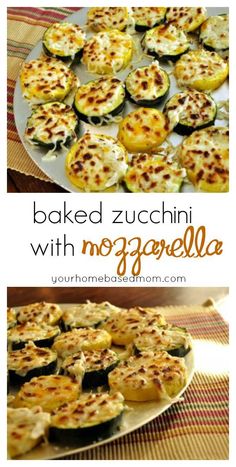 baked zucchini with mozzarella on a plate and in the background there are other food items