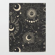 a black and white poster with sun, moon and stars in the sky on it