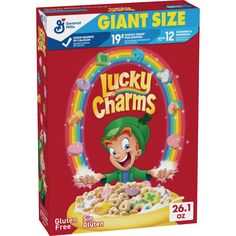 lucky charms cereal box with an image of the lepreite character in front of it