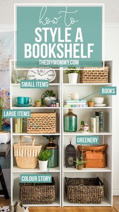 a book shelf filled with lots of books and baskets