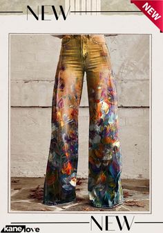 Women's Floral Print Casual Wide Leg Pants Trendy Multicolor Straight Leg Wide Pants, Multicolor Full-length Jeans For Summer, Casual Multicolor Full-length Jeans, Multicolor Full Length Jeans For Summer, Multicolor Full Length Pants, Non-stretch Multicolor Wide Leg Pants For Spring, Fall Multicolor Non-stretch Jeans, Trendy Multicolor Full Length Bottoms, Trendy Multicolor Full-length Jeans