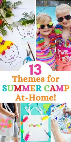 there are some pictures with the words, 13 themes for summer camp at home