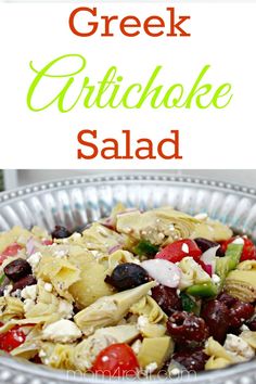 greek artichoke salad in a glass bowl with text overlay that reads, greek artichoke salad