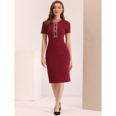 This tweed trim dress is crafted in a body-con fit with a short sleeve and button decor front. A summer-weather essential, this elegant dress is cut with tweed piped and back split hem. Occasion: wear to work, business, office, a job interview, cocktail, wedding guest, party, church, etc. Pair it with these high heels for elegant summer outfits. Elegant Red Tweed Dress For Work, Fitted Bodycon Dress With Buttons For Work, Fitted Tweed Office Dress, Fitted Red Tweed Dress For Work, Business Tweed Dress, Red Tweed Dress For Work, Formal Knee-length Tweed Dress With Button Closure, Elegant Fitted Short Sleeve Tweed Dress, Fitted Tweed Dress For Work