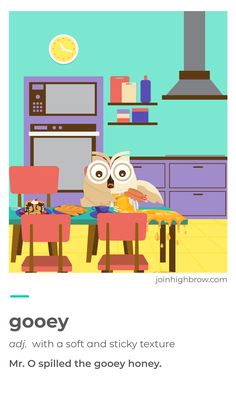 an owl sitting at a table in front of a stove top oven with the words gooey above it