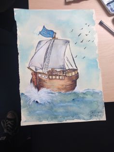 a watercolor painting of a sailboat in the ocean with birds flying around it