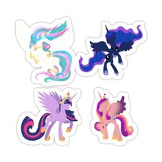 four stickers with different colors and designs on them, each featuring an image of a pony