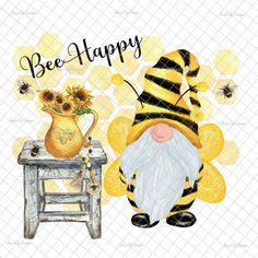 a bee happy gnome sitting next to a table with sunflowers