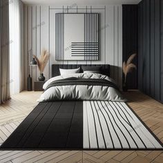 a bedroom with black and white bedding, wooden flooring and large painting on the wall