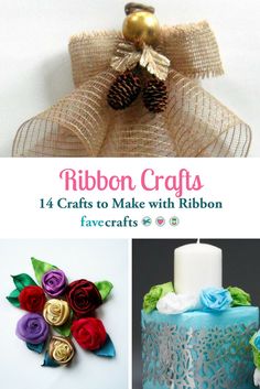 ribbon crafts with ribbons and flowers on the top, an image of a pine cone