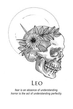 a drawing of a skull with flowers on it's head and the caption leo