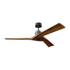 a ceiling fan with two wooden blades on the top and one light on the bottom