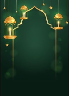 a green background with gold lanterns and stars