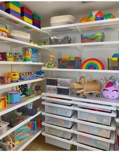 shelves filled with toys and other items in a child's playroom or nursery