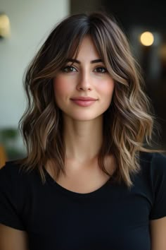 40 Sexy Curtain Bangs Medium Hair Ideas That Are Totally On-Trend 25 Medium Side Bangs Haircut, Lob With Curtain Bangs Wavy Hair, Lob Haircut With Long Bangs, Framed Bangs Medium Hair, Lob With Long Layers And Curtain Bangs, Med Hair Curtain Bangs, Baylage Brunette With Bangs, Textured Long Bob With Curtain Bangs, Wavy Hairstyles Curtain Bangs