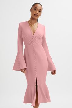 **IMPORTANT NOTE** This pre-order went live at 09:00 GMT on the 8th May. Introducing the must-have dress of the season: the SALMA Fluted Sleeve Longline Fishtail Midi Dress, now available in a stunning pink hue. Crafted from premium crepe fabric, this bestseller features a flattering fit-and-flare silhouette with a fis Elegant Midi Dress With Flared Hem, Fitted Midi Dress With Flared Hem For Party, Party Midi Dress With Flared Hem, Formal Pink Mermaid Hem Dress, Pink Formal Dress With Mermaid Hem, Pink Ruffle Hem Midi Dress For Evening, Pink Midi Dress With Ruffle Hem For Evening, Elegant Pink Dress With Mermaid Hem, Elegant Pink Mermaid Hem Dress