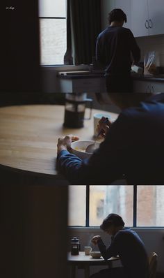 two people sitting at a table eating food and drinking coffee in front of a window