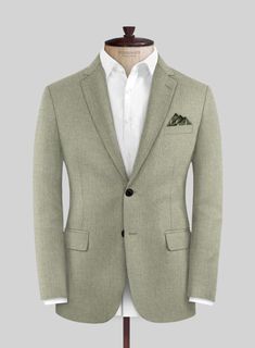 Prepare for warmer spring temperatures with the Italian Orfini Summer Green Wool Jacket. Crafted from pure merino wool, the jacket's versatile solid color silhouette is both flattering and fashionable, making it a must-have for any fashion-forward wardrobe. This stylish olive green jacket is perfect for any formal occasion, creating a timeless look. 
 
 
Look features a 2 button jacket with notch lapels, h orn royal black  buttons, single vent and two cuff buttons.   
 You can change the look du Brown Tweed Suit, Khaki Suit, Herringbone Tweed Jacket, British Khaki, Tweed Suit, Khaki Jacket, Brown Tweed, Beautiful Suit, Tweed Suits