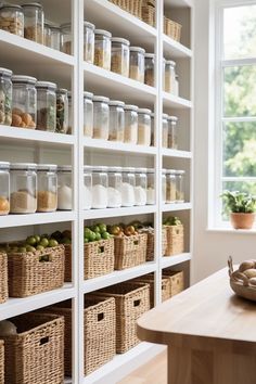 an organized pantry filled with lots of food