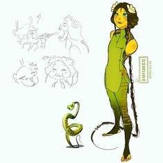 a drawing of a woman with long hair standing next to a snake and another creature