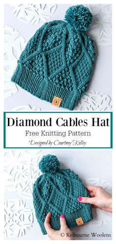 the diamond cable hat is knitted in blue yarn