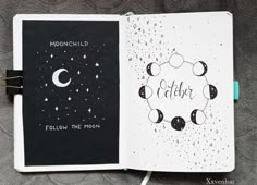 an open notebook with the words moonchild written in black and white on it, next to a drawing of phases of the moon