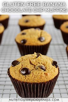 gluten free banana chocolate chip muffins on a cooling rack with text overlay