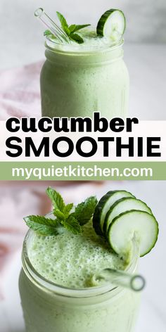 cucumber smoothie in a mason jar with mint garnish