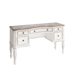 an antique white desk with drawers on the top and one drawer at the bottom, in front of a white background