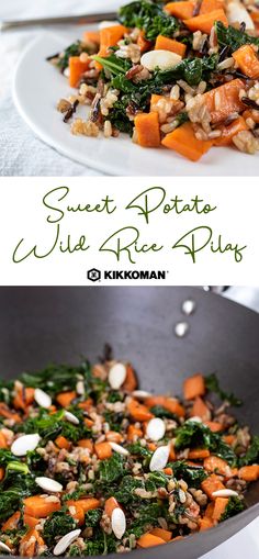 sweet potato, wild rice and spinach stir fry in a wok