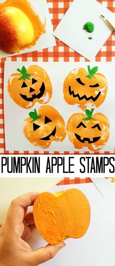 pumpkin apple stamps for kids to make and decorate on paper with the words, pumpkin apple stamps