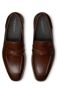 Slim penny keepers crisscross over the instep of a burnished leather loafer designed with a slender moc toe for modern allure. Leather upper and lining/rubber sole Made in Italy Mens Dress Shoes Nordstrom, Luxury Plain Toe Men's Shoes For Business Meetings, Luxury Masculine Business Casual Loafers, Men’s Dress Loafers, Gents Shoes, Stuart Weitzman Heels, Summer Wardrobe Essentials, Ankle Boots Men, Dress Loafers