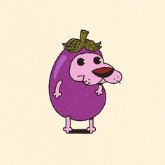 a purple eggplant with a green leaf on it's head is standing in front of a white background