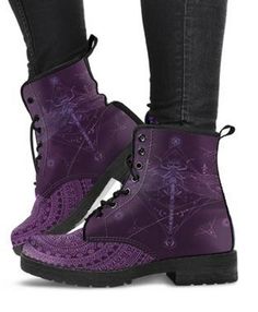 All of our Women's Leather Boots are custom-made-to-order and handcrafted to the highest quality standards.*Features vegan-friendly leather with a double-sided print and rounded toe construction.*Lace-up closure for a snug fit.*Soft textile lining with sturdy construction for maximum comfort.*High-quality rubber outsole for traction and exceptional durability.Custom Boots - please allow about 15-22 days for delivery. Bohemian Boots, Vegan Shoes Women, Shoes Laces, Purple Boots, Vegan Leather Boots, Dr Shoes, Handcrafted Boots, Custom Boots, Vegan Boots