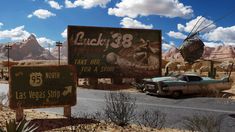 an old car is parked on the side of the road in front of some signs