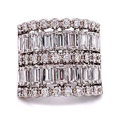 Diamond Baguette-cut Two Row and Three row Round Brilliant-cut Statement Ring 1.61ct t.w. - HANIKEN JEWELERS NEW-YORK Cz Rings, Right Hand Rings, Hand Ring, Baguette Cut Diamond, Diamond Anniversary, Cz Ring, Baguette Cut, Eternity Band, Baguette Diamond