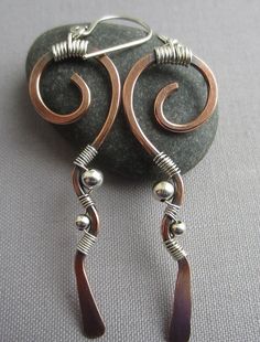 Mixed Metal Earrings/ Copper Hammered Earrings/ Copper by mese9 Modern Handmade Copper Earrings, Copper Wire Earrings, Earring Inspiration, Mixed Metal Earrings, Hammered Earrings, Wrapped Earrings, Earring Ideas, Artisan Earrings, Earrings Inspiration