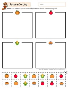 an autumn sorting worksheet with pumpkins and apples