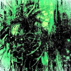 an abstract painting with green and black colors