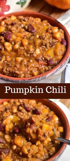 two bowls filled with pumpkin chili on top of a table