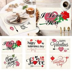 valentine's day placemats and napkins on a table with coffee cups