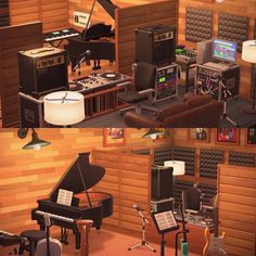 an artist's rendering of a recording studio with piano, microphones and sound equipment